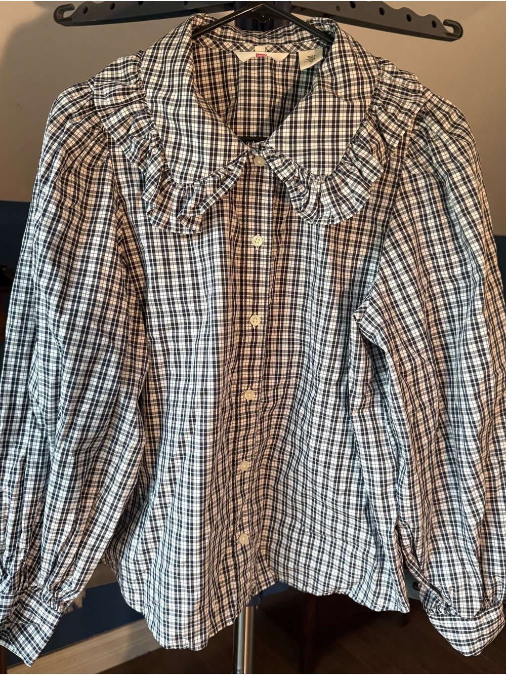 Levi’s Women’s L Navy White Gingham Ruffle Collar Puff Sleeve Blouse